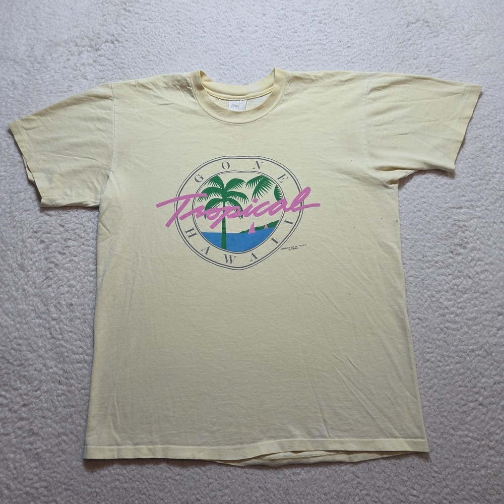Vintage 1985 Hawaii T Shirt Size Large Yellowed Distressed‎ Grunge Palm Tree